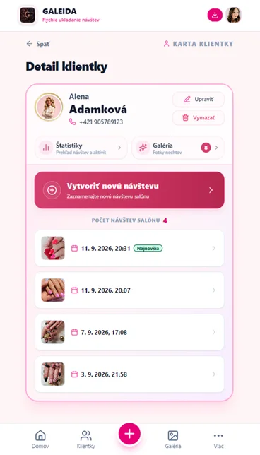 Obrazovka detailu klientky v aplikácii Galeida